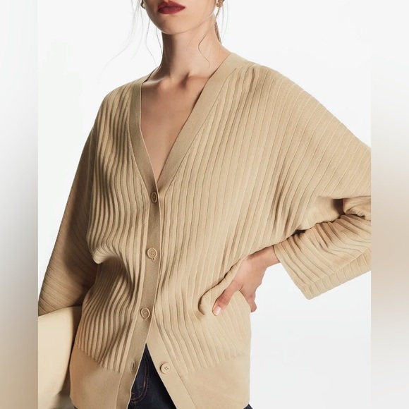 Nwt COS Wide Ribbed V Neck Cardigan Khaki - Picture 11 of 11